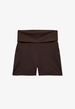 Mørkebrune shorts med fold-over talje og en glat tekstur samt lige kant, designet til komfort og afslappet brug.