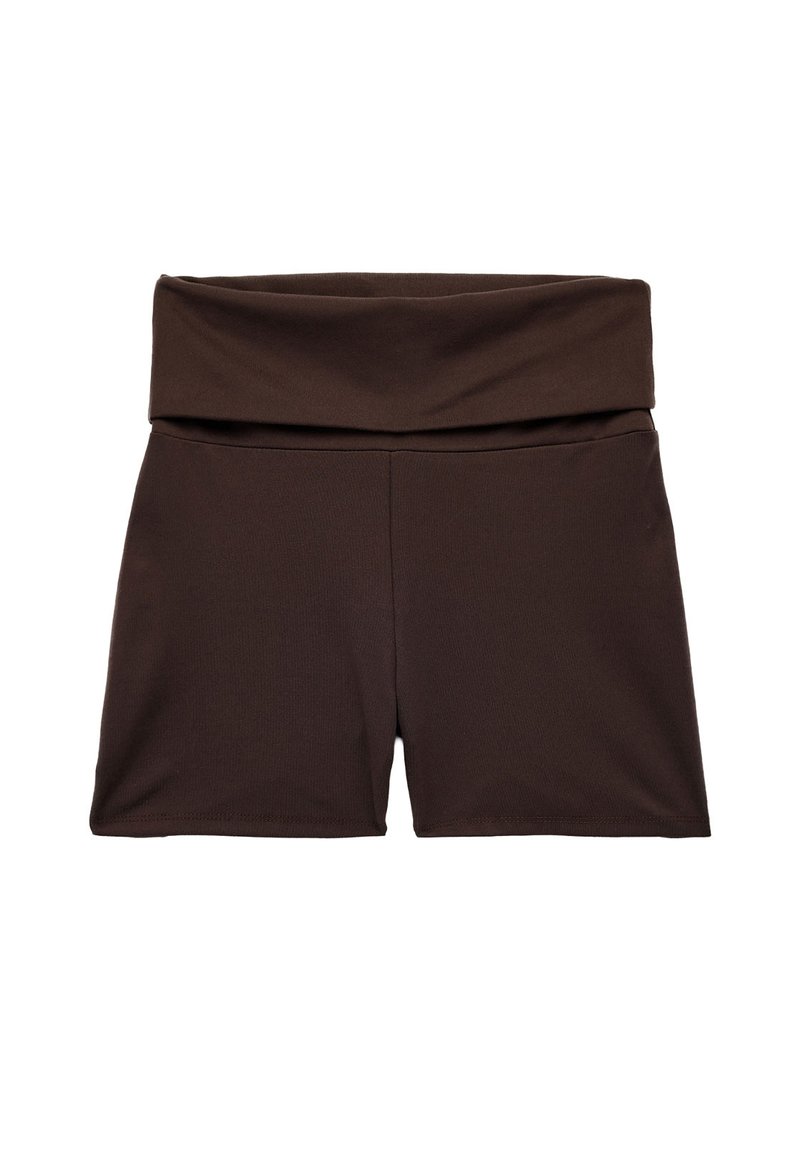 Donkerbruin shorts met een omgeslagen tailleband, gemaakt van een zachte stof en met een rechte zoom, ontworpen voor comfort en casual gebruik.
