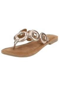 Sandaletti flip-flop metallic in rosè oro con cinturino testurizzato che presenta anelli circolari, soffice soletta simile alla pelle scamosciata e suola in gomma piatta.