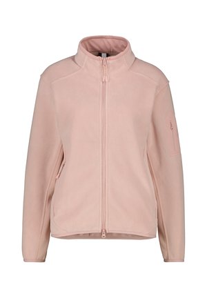 Hellrosa Fleecejacke mit durchgehendem Frontreißverschluss, hohem Kragen, zwei Seitentaschen und Reißverschlusstasche am linken Ärmel.