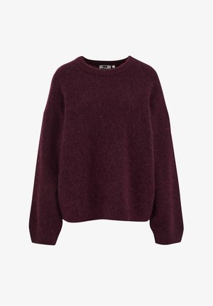 Pulover din tricot moale, de culoare mov închis, cu mâneci lungi, gât rotund și croială lejeră, prezentat pe fundal alb.