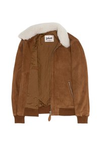 Veste en daim marron avec un col en peau lainée crème, fermeture éclair à l'avant, poignets élastiques et doublure intérieure matelassée. Comprend des poches latérales.