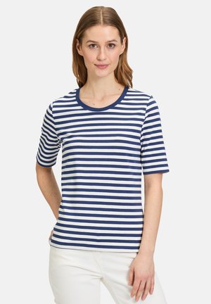 Blue and white striped t-shirt with short sleeves and a round neckline, made of soft cotton fabric. Features a classic stripe pattern.
