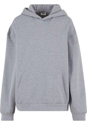 Grå hættetrøje. Fremstillet af blødt stof, har en frontlomme, ribbetrøjer og ribkant forneden. Enkel design uden yderligere mønstre eller detaljer.