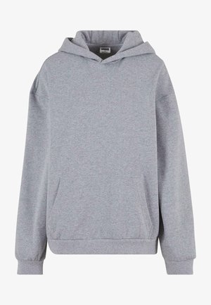 Grå hættetrøje. Fremstillet af blødt stof, har en frontlomme, ribbetrøjer og ribkant forneden. Enkel design uden yderligere mønstre eller detaljer.