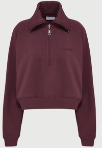 Cropped maroon sweatshirt with a quarter-zip front, high collar, ribbed cuffs and hem, and embroidered "LeGer" logo on chest.