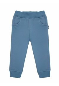 Niebieskie bawełniane spodnie dresowe z prążkowanym paskiem w talii, dwoma bocznymi kieszeniami i zwężanymi ściągaczami. Miękka tekstura, luźny krój.