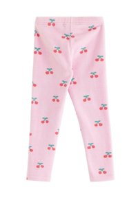 Fleece leggings i lys pink med et gentaget kirsebærmønster i rød og grøn. Slim fit med elastisk talje. Blød tekstur.