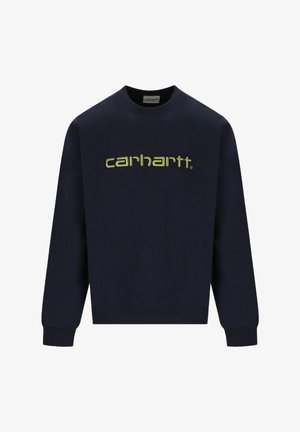 Felpa Carhartt blu navy con maniche lunghe e polsini a coste, con grande logo Carhartt giallo-verde sul petto.