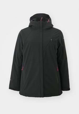 Veste d’hiver noire à capuche avec tirettes de fermeture éclair roses sur les poches et cordons de réglage de la capuche, présentée sur fond blanc.