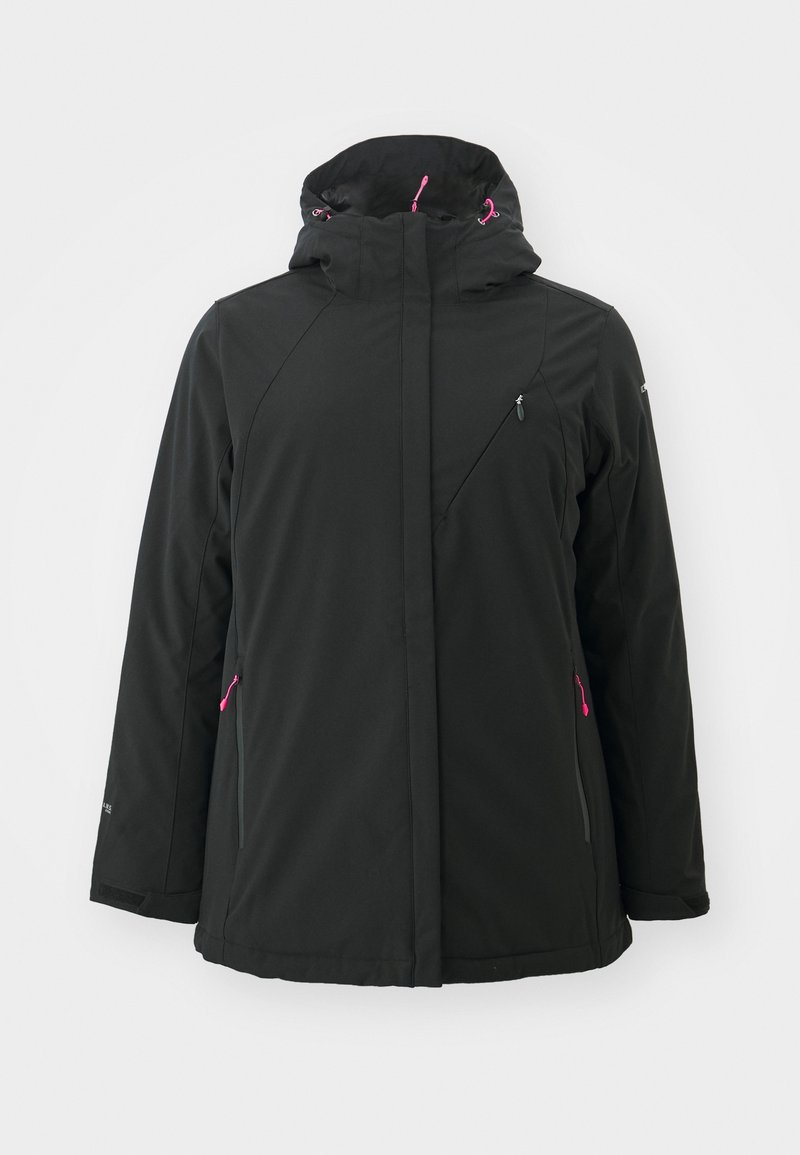 Veste d’hiver noire à capuche avec tirettes de fermeture éclair roses sur les poches et cordons de réglage de la capuche, présentée sur fond blanc.