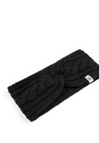 Schwarzes gestricktes Stirnband mit einem gewundenen Design und strukturiertem Rippstrick, mit einem kleinen Markenetikett. Der Stoff wirkt weich und warm.