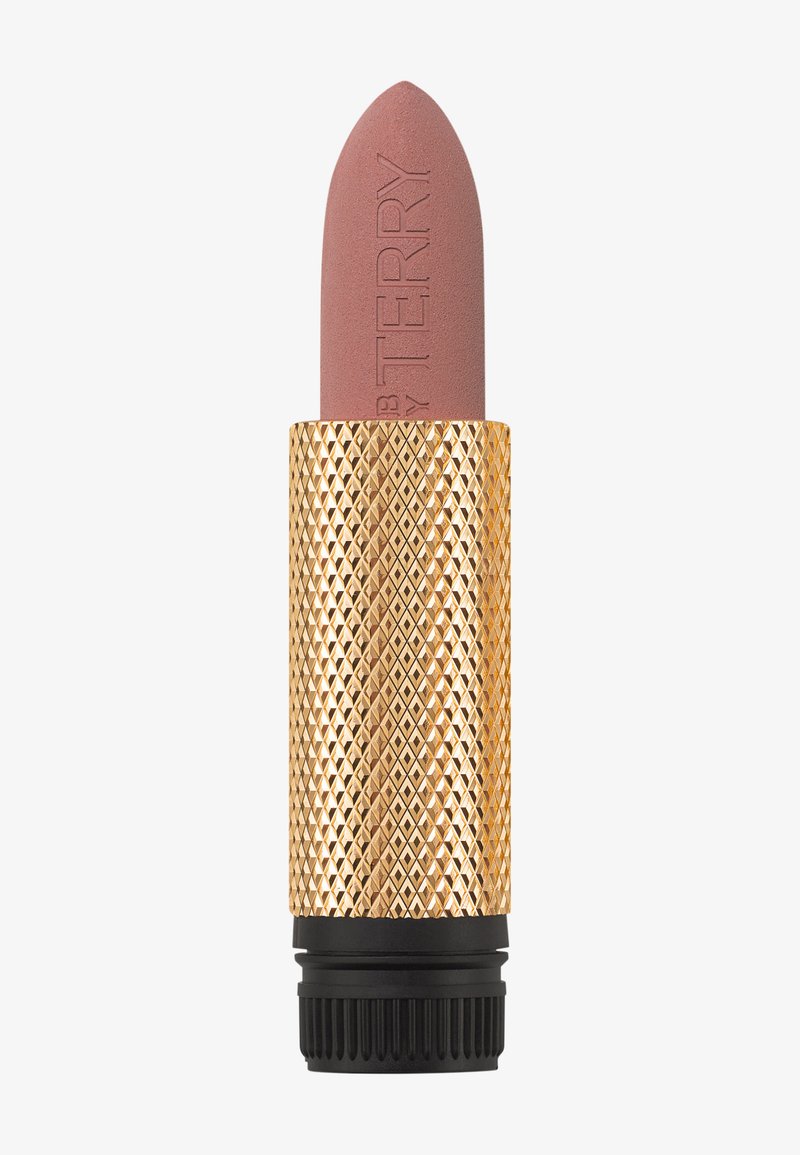 Lippenstift met een matte poederroze bullet, gehuisvest in een gouden, gegraveerde, diamanten patroon doos, afgewerkt met een zwarte basis.