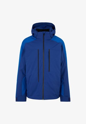 Giacca da esterno blu con cappuccio, chiusura frontale con zip, due tasche sul petto e polsini elastici. Realizzata in tessuto resistente all'acqua.