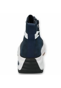 Navy blue suede ankle boots with a white rubber midsole and black rubber sole. Features a rear strap and zip closure for easy wear.