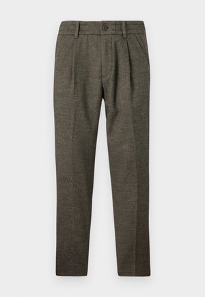 Grau Wollhosen mit strukturiertem Finish, ausgestattet mit einem Knopfverschluss, Falten und schmal zulaufenden Beinen für einen maßgeschneiderten Look.