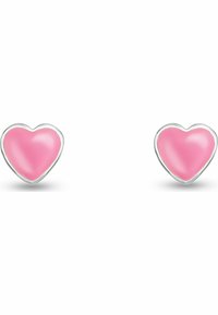 Hartvormige oorbellen in glanzend roze emaille met een zilverkleurige rand, voorzien van een gladde textuur en ronde randen.