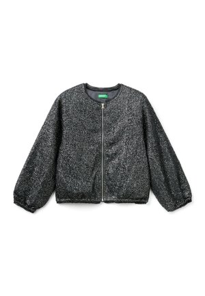 Veste zippée texturée gris foncé avec manches longues ballon et encolure ronde, présentée à plat sur fond blanc.