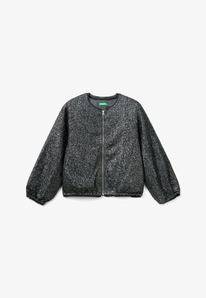 Veste zippée texturée gris foncé avec manches longues ballon et encolure ronde, présentée à plat sur fond blanc.