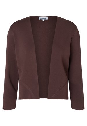 Brown open-front knitted cardigan with long sleeves and subtle diagonal seam details on the front panels.