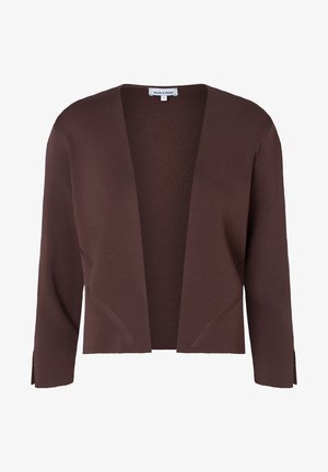 Brauner Strickcardigan mit offenem Vorderteil, langen Ärmeln und dezenten diagonalen Nahtdetails an den Vorderteilen.
