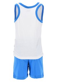 White tank top with blue trim and blue shorts. The fabric appears soft, with a classic cut and no visible patterns or hardware details.