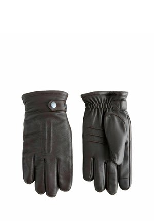 Brown leather gloves with a smooth texture, featuring a gathered cuff, snap closure, and decorative stitching on the back.