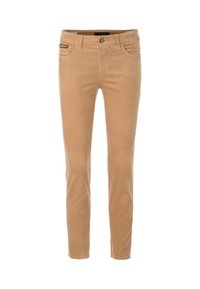 Beige schmal geschnittene Hose aus weichem Baumwollmischgewebe. Verfügt über fünf Taschen, eine glatte Textur und eine Metallakzent auf der Vordertasche.