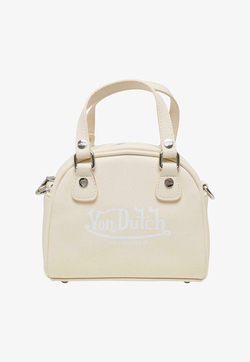 Borsa a mano in eco-pelle bianca con forma arrotondata, doppi manici superiori, accessori in argento e dettaglio del logo frontale. Presenta una chiusura a zip.