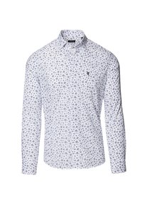 Koszula z długim rękawem zapinana na guziki w białym kolorze, z niebieskim wzorem kwiatu oraz małym logo na klatce piersiowej, z klasycznym kołnierzykiem.