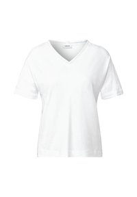 T-shirt bianca a maniche corte con scollo a V realizzata in cotone. Presenta una vestibilità comoda e una semplice cucitura lungo il colletto. Texture morbida.