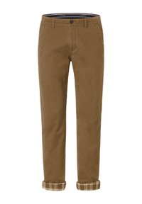 Braune Baumwollhosen im geraden Schnitt mit hochgekrempelten Säumen, die einen karierten Stoff hervorheben. Standardbund mit einem vorderen Knopfverschluss.