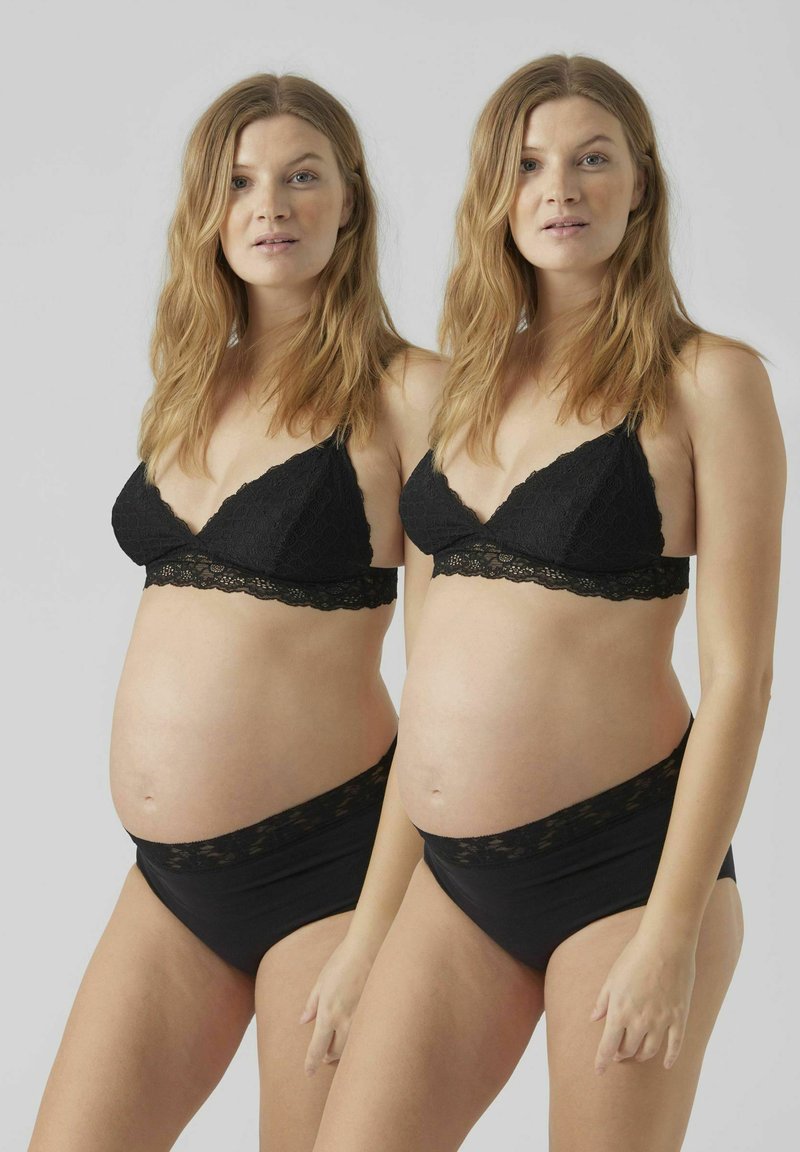 Ensemble de lingerie de maternit�é avec un soutien-gorge orné de dentelle noire et une culotte assortie. Tissu doux avec un motif texturé et un design soutien, comprenant une large ceinture en dentelle.