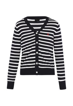 Navy und weiß gestreifter Cardigan mit V-Ausschnitt, Knopfverschluss und gesticktem roten Anker auf der linken Brust. Strickstoff, lange Ärmel.