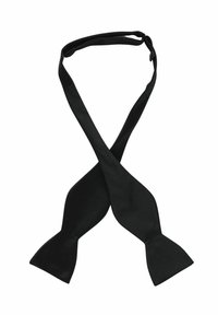 Sorte satin butterflyknude med en glat tekstur og klassisk design. Har en rundet ende med to lange, afsmallede stykker og justerbart bånd.