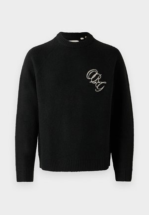 Black knitted sweater with a crew neck, featuring ribbed cuffs and hem. Embroidered letters "ORG" in contrasting color on the chest.