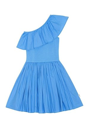 Niebieska sukienka z jednym falbaniastym ramieniem, marszczonym dołem i gładką fakturą tkaniny, z dopasowanym gorsetem i rozszerzanym, plisowanym dołem.
