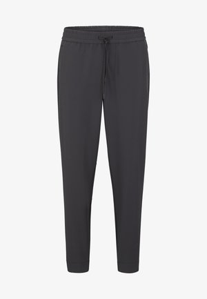 Dunkelgraue Jogginghose aus einem weichen Material mit einem elastischen Bund und Kordelzug, mit Bündchen an den Knöcheln und Seitentaschen.
