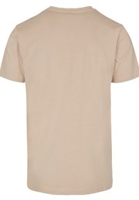 Beige cotton t-shirt, short sleeves, crew neck, smooth texture, no graphics or patterns, standard fit, back view displayed.