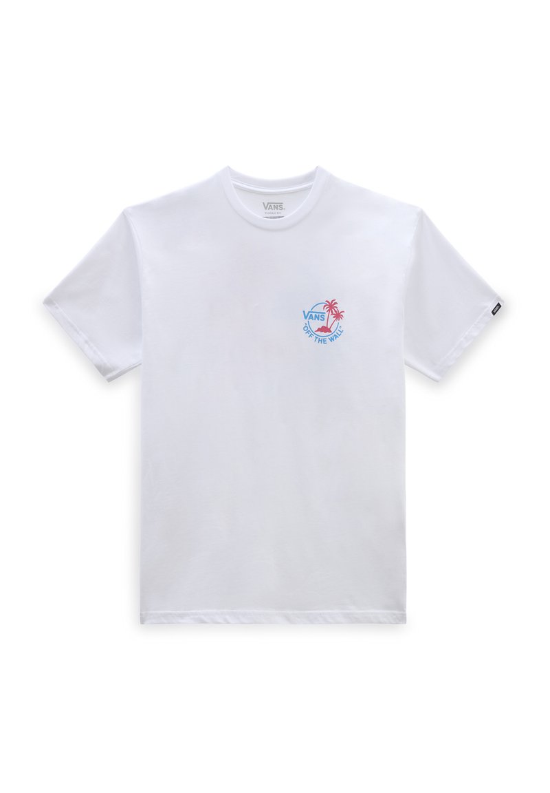 T-shirt en coton blanc à manches courtes, arborant un logo graphique bleu et rose avec des palmiers sur la partie gauche de la poitrine.