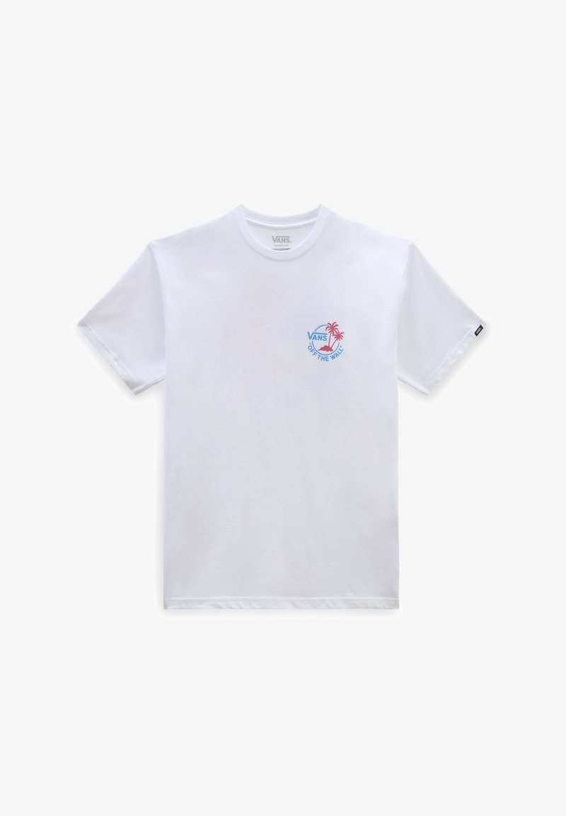 Biała bawełniana koszulka z krótkim rękawem, z niebiesko-różowym graficznym logo z palmami na lewej piersi.