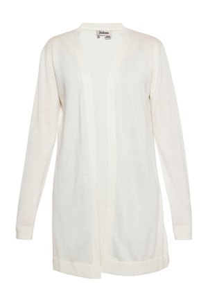 Pitkähihaisessa beige-neulejakussa on avonainen etuosa, jossa on ribbienkorostukset hihoissa ja helmassa. Kevyt ja monikäyttöinen.