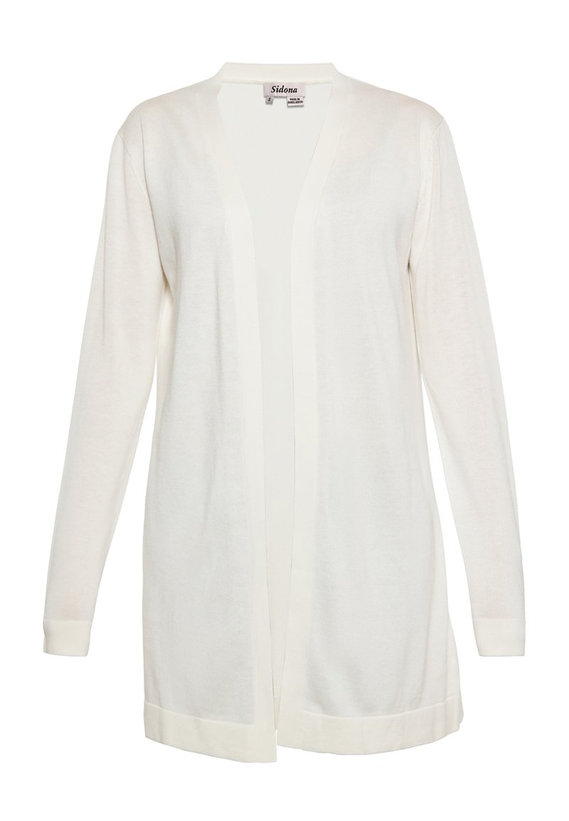 Cardigan a maniche lunghe in tessuto a maglia color avorio; design aperto con dettagli a coste su polsini e orlo. Leggero e versatile.