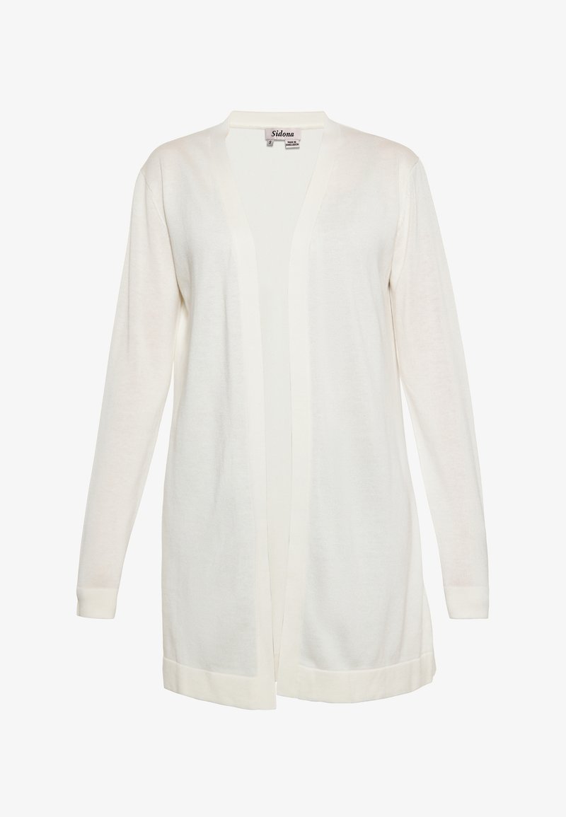 Dlouhý svetr s rukávy v barvě off-white vyrobený z pleteniny; otevřený přední design s žebrovanými detaily na manžetách a lemu. Lehké a univerzální.