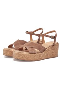 Braune Wildleder-Wedge-Sandalen mit überkreuzten Riemen, Kork-Plattformsohlen und einem verstellbaren Knöchelriemen mit einer Metall-Schnalle.