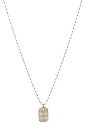 Delicate gouden bolletjesketting met een rechthoekige hanger bezet met kleine heldere kristallen.
