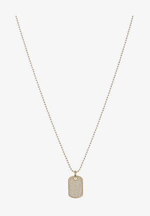 Delicate gouden bolletjesketting met een rechthoekige hanger bezet met kleine heldere kristallen.