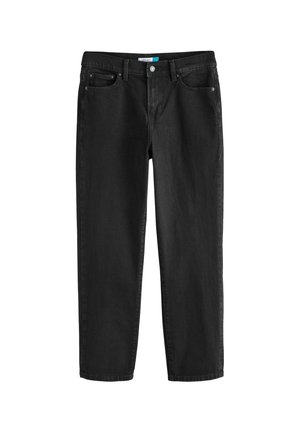 Sorte jeans med lige ben, fem lommer og bæltestropper, vist fladt mod en hvid baggrund.