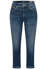 Ciemnoniebieskie dżinsy o średnim stanie, zwężanych nogawkach, kontrastowym szyciu, kieszeniach z przodu i zapinane na zamek.