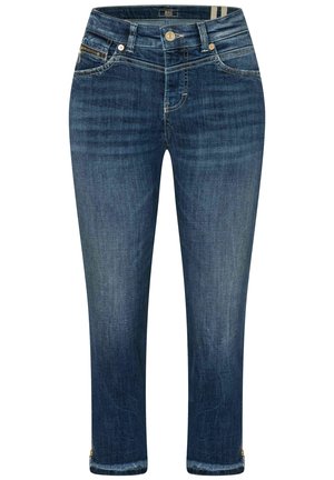 Dark blue denim jeans with a mid-rise waist, tapered legs, contrast stitching, front pockets, and a zip fly closure.